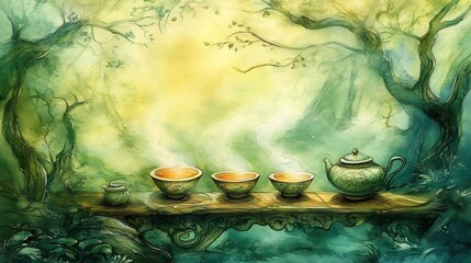 Traditional tea ceremony with textured brushstrokes showing steam rising from cups and intricate pottery
