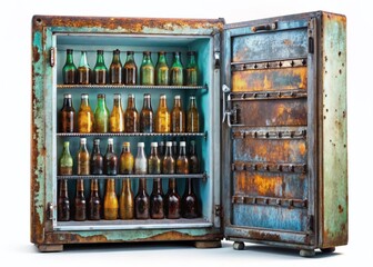 Vintage Rusty Metal Refrigerator with Cold Beer Bottles Isolated Studio Shot for Food Photography or Advertising
