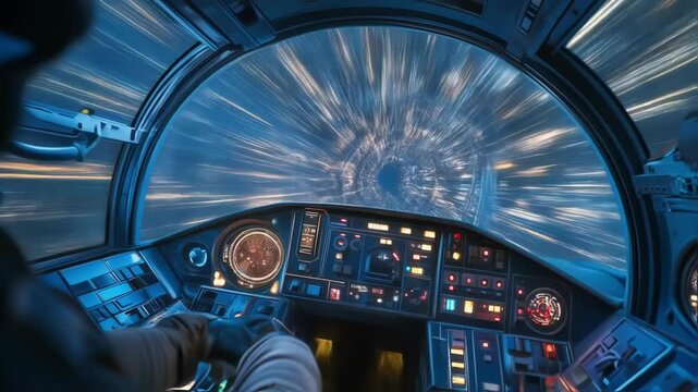 Astronaut navigating advanced spaceship interior while traversing cosmic wormhole. Experiencing intense visual warping and gravitational distortions approaching luminous interdimensional singularity