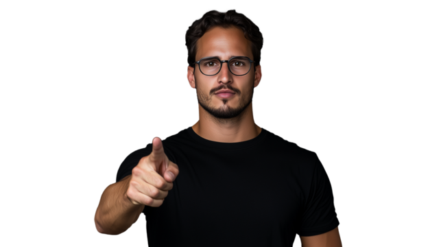 Man in black t shirt pointing forward with a confident expression on a transparent background