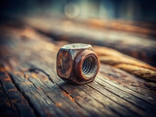 Aged Rusty Nut on a Dusty Wooden Table A Vintage Still Life Capturing Rustic Charm and Timeless Beauty