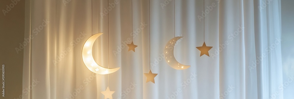 Poster charming mobile with hanging moon and stars softly illuminating wall in a serene room setting