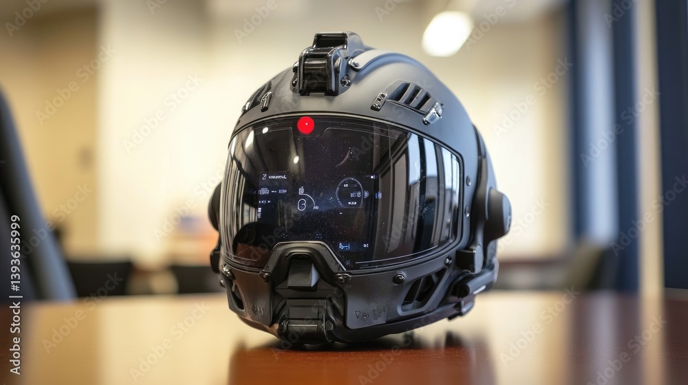 Poster close-up of smart helmet with built-in ar display and communication features on a table