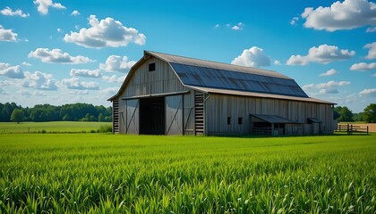 Obraz premium Picturesque Barn Amidst Lush Greenery Under a Sky Dotted with Clouds
