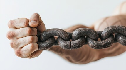 Obraz premium A strong male hand gripping a heavy chain, symbolizing strength and determination.