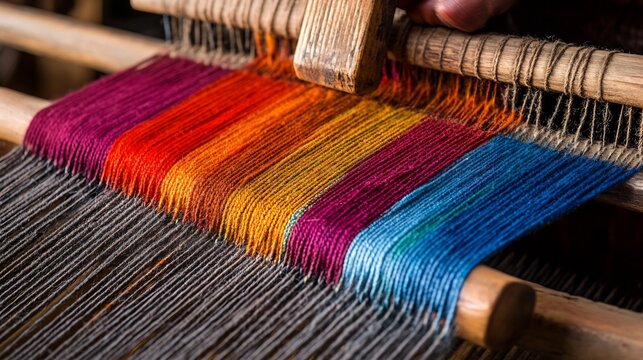 Traditional weaver creating intricate patterns on a loom textured brushstrokes showing vibrant threads and fabrics