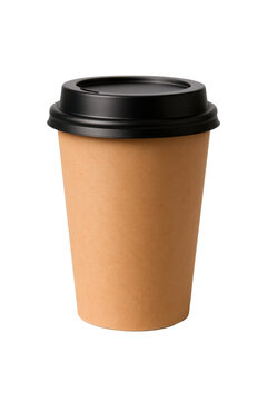 Vaso desechable para cafe, color caf&eacute; con tapo negra, aislado sobre fondo transparente. PNG. 