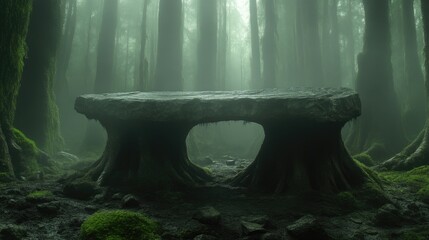 Mystical stone table in a foggy forest