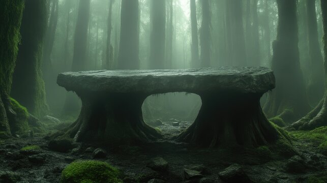 Mystical stone table in a foggy forest