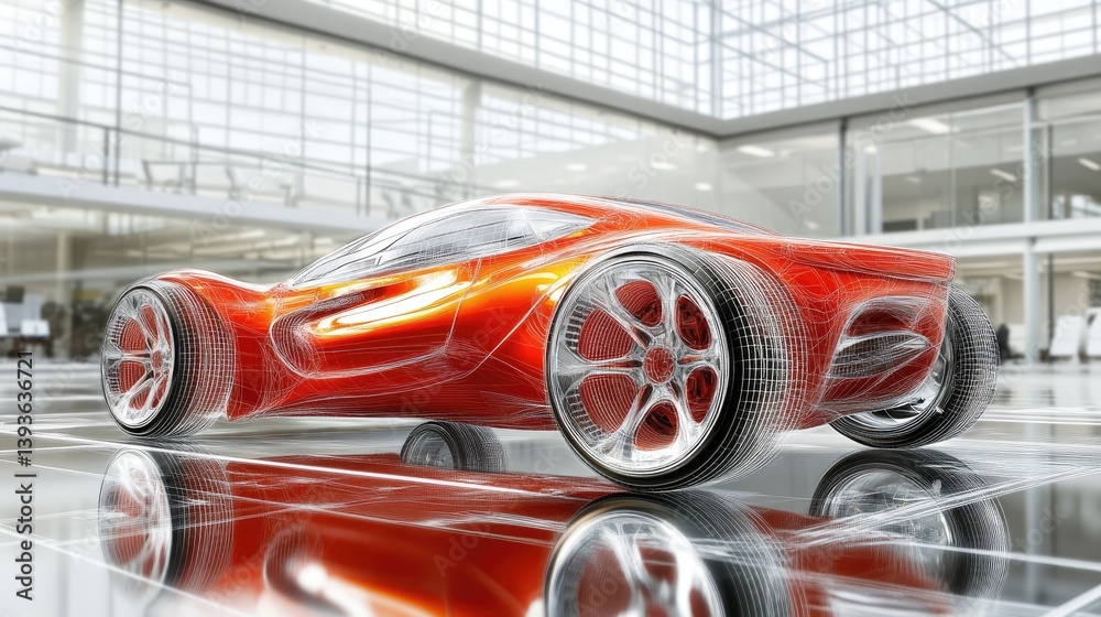 Poster conceptual vehicle design showing airflow simulation on digital engineering platform