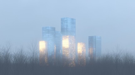 Fototapeta premium Misty city skyline in a winter forest