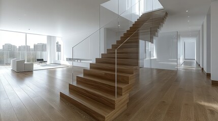 Obraz premium Modern, spacious, open-plan interior with wooden staircase and glass balustrade. Large windows offer city views