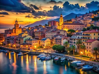 Obraz premium Enchanting Sanremo at Dusk Italian Riviera Coastal City Bathed in Golden Light