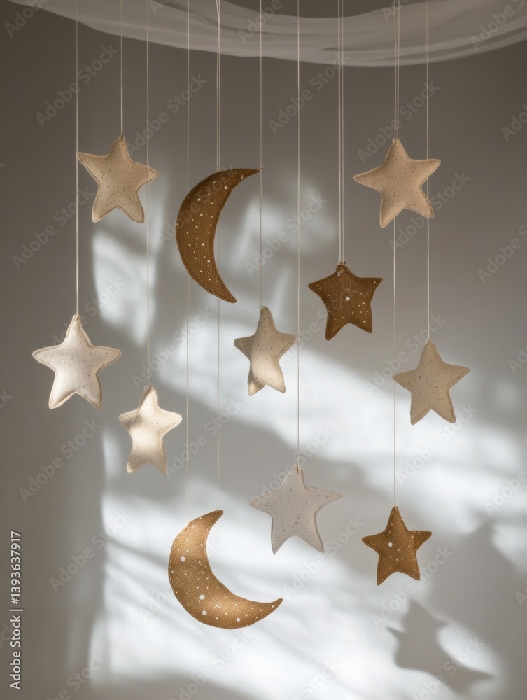 Poster Softly lit moon and stars mobile casting gentle shadows on a wall in a cozy nursery setting during the evening