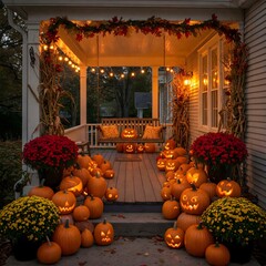 Obraz premium Pumpkins and lanterns on a front porch decorated for fall