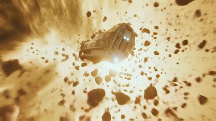 Futuristic spaceship maneuvers through a dense and dangerous asteroid field, engines firing and debris flying, in the vast expanse of deep space - Powered by Adobe