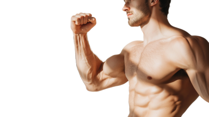 Png of Muscular Caucasian male flexing his bicep, showcasing a strong physique against a plain background.