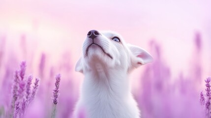 Adorable white puppy in lavender field