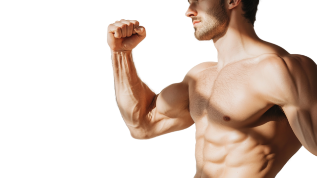 Png of Muscular Caucasian male flexing his bicep, showcasing a strong physique against a plain background.