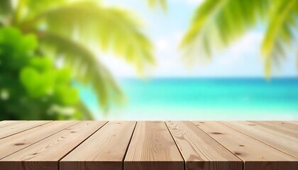Top of light wood table with seascape and palm leaves, blur of calm sea and sky at tropical beach background, seascape copy space for your product, summer vacation tourism, created with generative ai