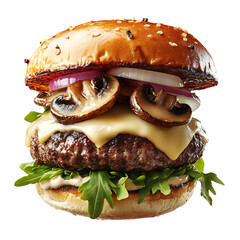 A Fresh Burger with Melted Swiss Cheese and Mushrooms Isolated on Transparent Background