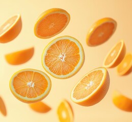 Fresh Orange Slices Floating in Air for Healthy Eating Concept
