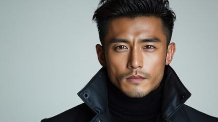 Obraz premium Close-up portrait of a man with dark hair and intense gaze, wearing a black turtleneck and leather jacket
