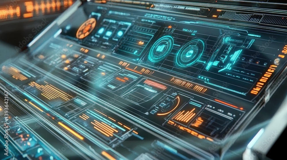 Poster high-tech server system interface showing operational metrics for business continuity
