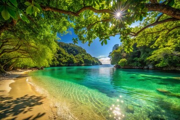 Tranquil Cove CrystalClear Waters and Lush Tropical Vegetation A Stunning Beach Escape