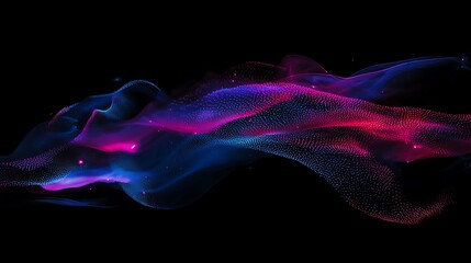 Abstract wave of colorful particles flowing in a gradient of deep blue and vibrant pink hues, creating a dynamic and ethereal atmosphere