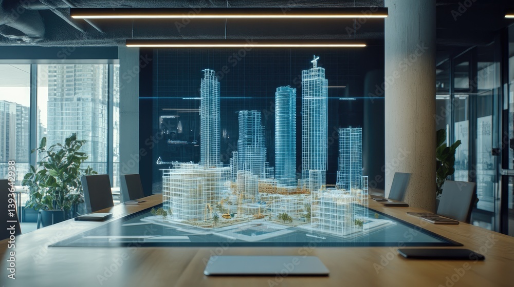 Poster interactive touchscreen boardroom setup with rotating d construction models