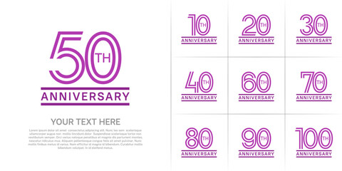 Anniversary logo style double line number set. purple color on white background for celebration event