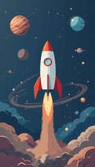 Naklejka premium Space Rocket Launching Through Cosmos Planets and Stars Artistic Illustration