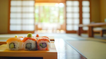 Close-up of assorted sushi rolls on a wooden tray in a traditional Japanese interior with shoji doors and natural light