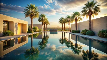Tranquil Desert Oasis Palm Trees Reflect in a Serene Pool Capturing the Essence of Relaxation and Serenity