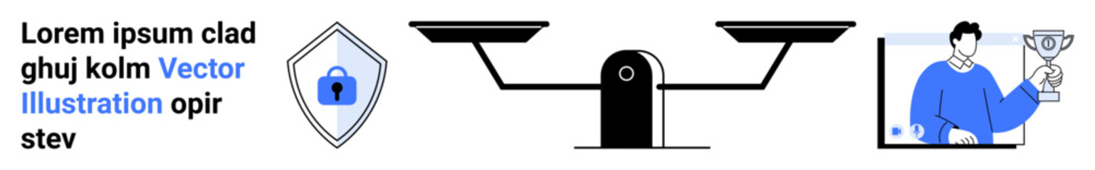 Obraz premium Scales of justice, shield with lock symbolizing security, person holding trophy representing success. Ideal for justice, integrity, accountability, protection, success legal equality. Flat landing