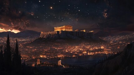A nighttime view of the Acropolis, illuminated under a starry sky.