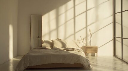 Bright and airy bedroom with sunlight casting shadows across a neutral-toned bed adorned with soft linens and minimalist decor