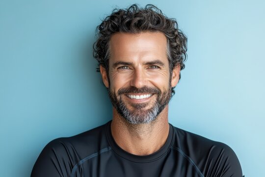 A smiling middle aged man with beard and curly hair