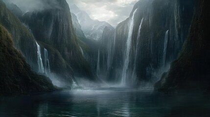 A serene landscape featuring majestic waterfalls cascading into a tranquil lake surrounded by mountains.