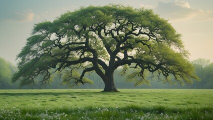 Oak tree on grassy field in spring