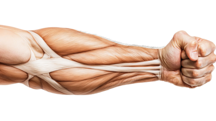 Png of Close-up of a muscular male forearm with detailed muscle structure, showcasing strength and anatomical features.