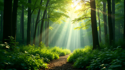 Naklejka premium Captivating lush green forests depicted with refined natural textures dynamic sunlight interplay and sophisticated landscape imagery that evoke serenity and environmental harmony in Photo Stock Conc