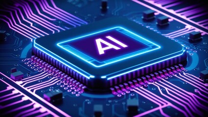 AI semiconductor chip with neon effect on a tech circuit background, rendered in glowing lines with a blue and purple color palette