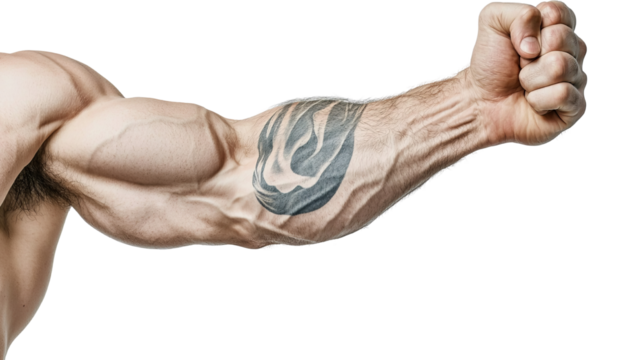 Png of Close-up of a muscular male arm with a tattoo, showcasing strength and determination.
