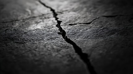 Obraz premium Close-up of a dark cracked surface with rough texture highlighting intricate details of the fracture and dust particles in a dramatic monochrome setting
