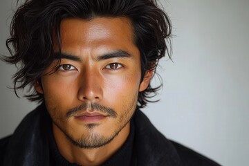 Fototapeta premium Close-up portrait of a man with dark, wavy hair and a serious expression (1)