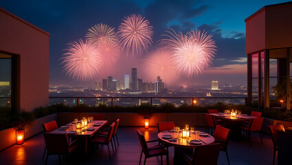 Striking rooftop fireworks viewing scene showcases panoramic urban skylines illuminated by dazzling pyrotechnics, creating refined party settings that epitomize festive patriotism.
