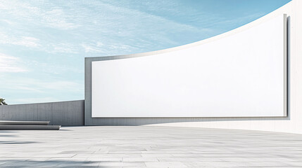 Large curved blank white billboard mounted on a concrete wall outdoors, with a paved tiled ground and a clear sky. Perfect for urban advertising or public display projects.