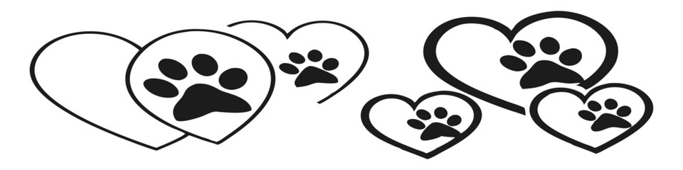 Pet Paw Print and Heart Icons Seamless Pattern – Dog Bones, Bowls, Human Hand, Love Symbols – Black, Red, and White Animal Care Design.